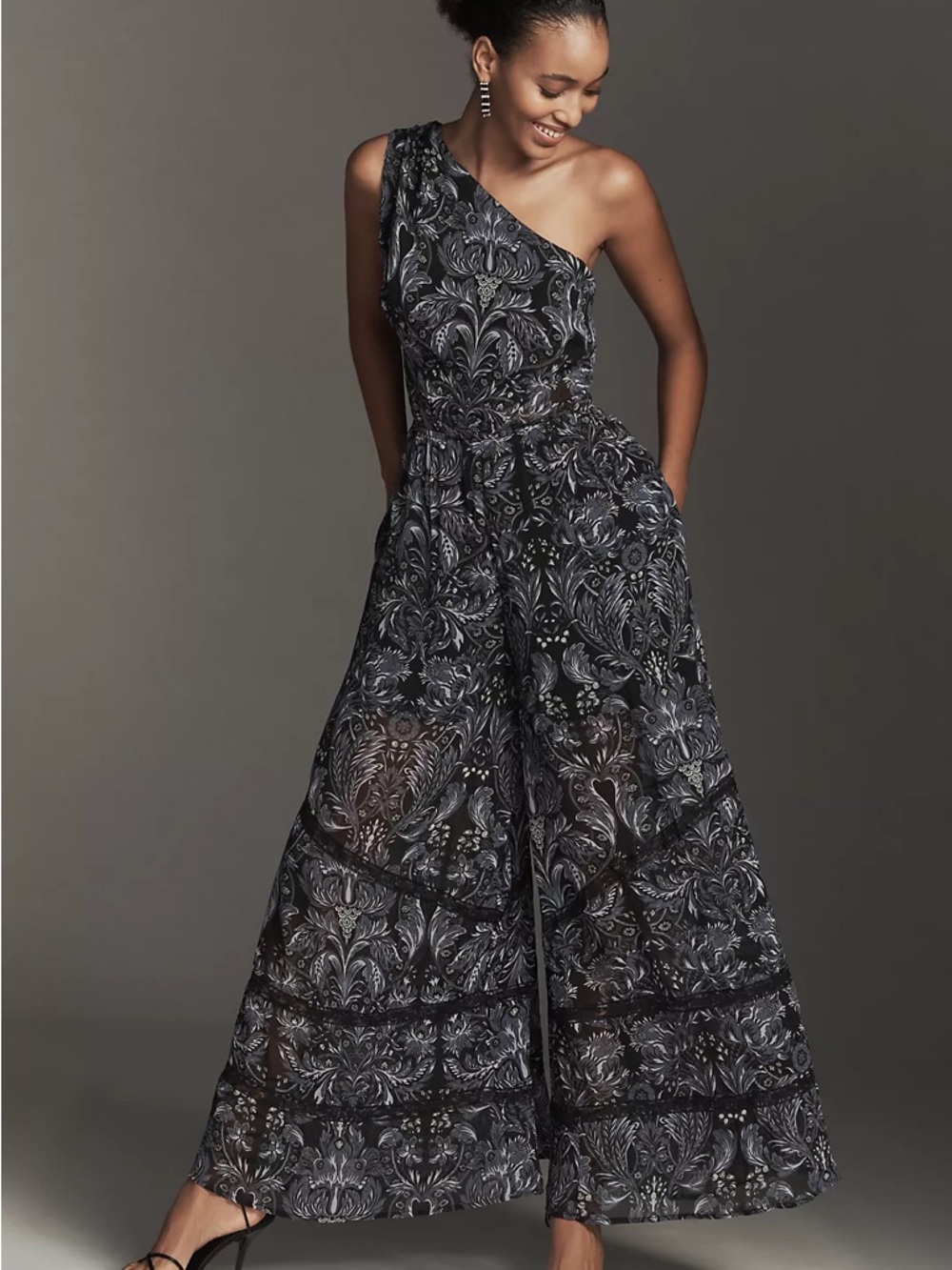 Anthropologie NWT one shoulder printed jumpsuit blue black white floral pint